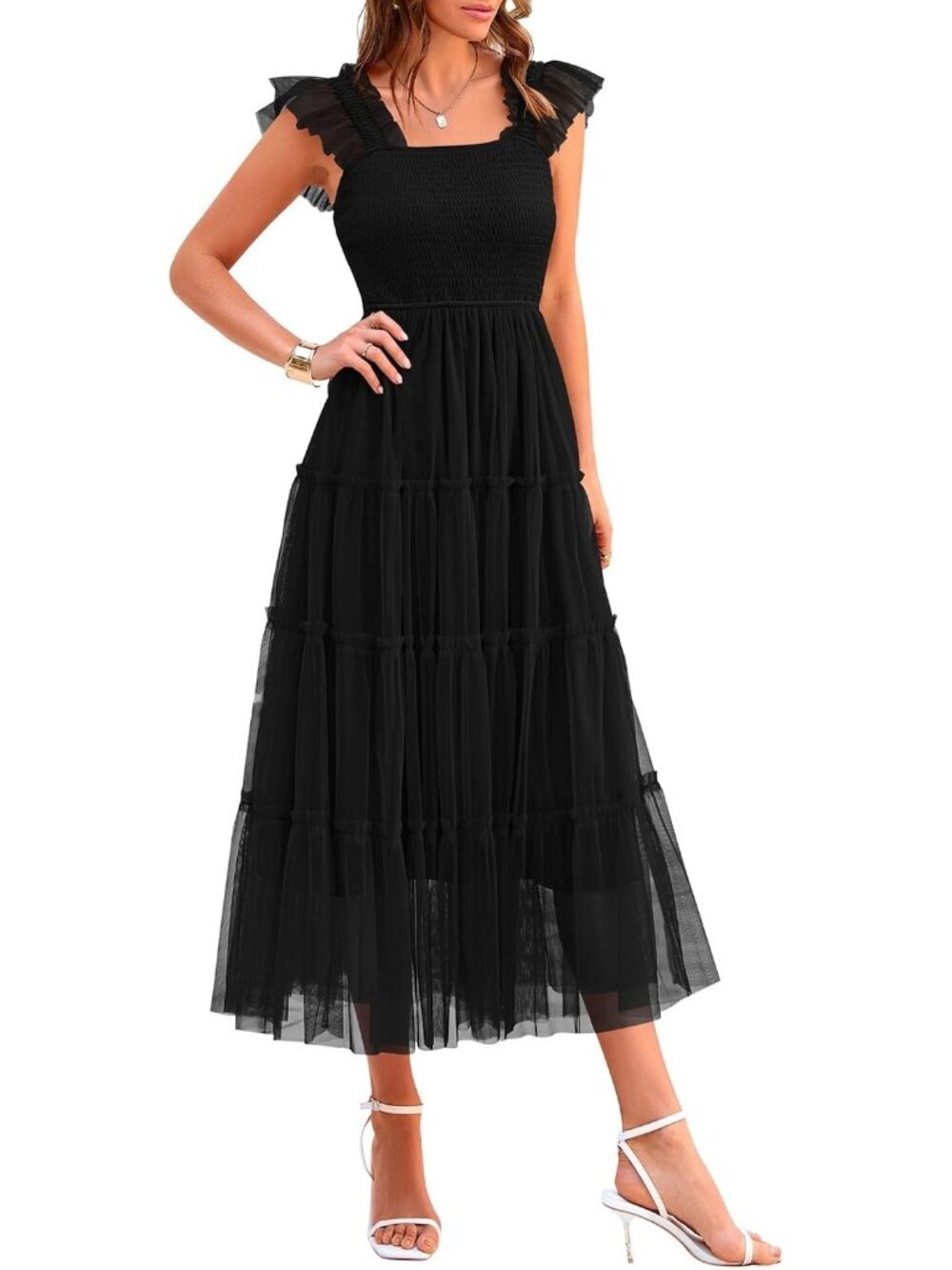 Women's Black Summer Midi Tulle Dress Sleeveless Smocked Square Neck Ruffle
